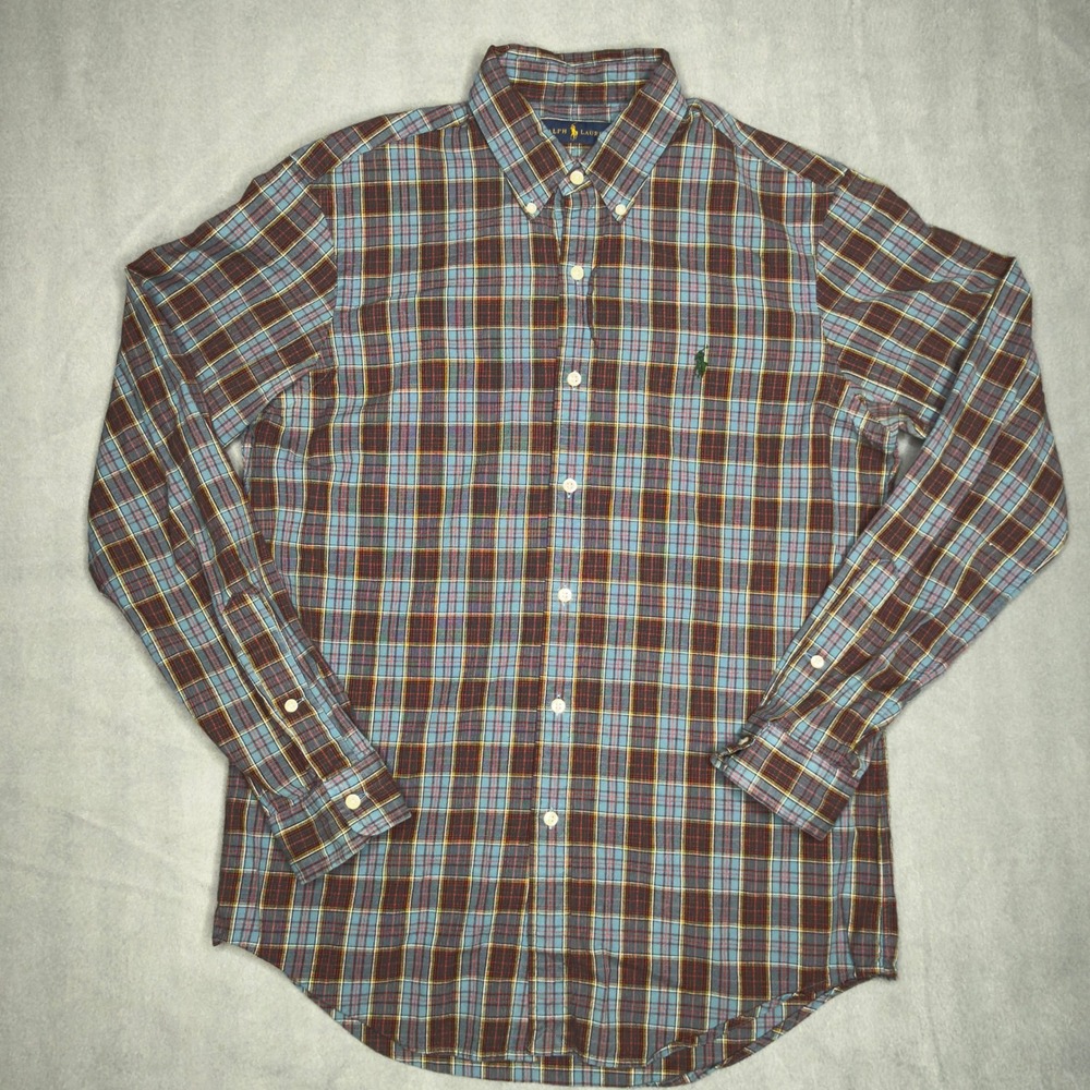 Ralph Lauren‎ Mens Plaid Button Down Shirt Blue Burgundy Cotton Size M RN41381